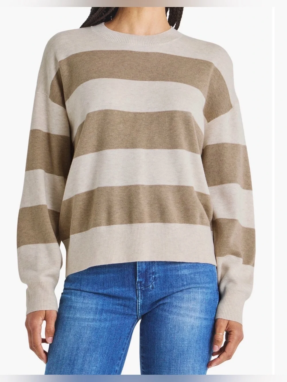 Splendid Oat Beige Striped Crewneck Sweater Small Cozy Wool Blend Knit